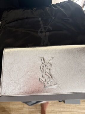 Saint Laurent Silver Metallic YSL Envelope Clutch